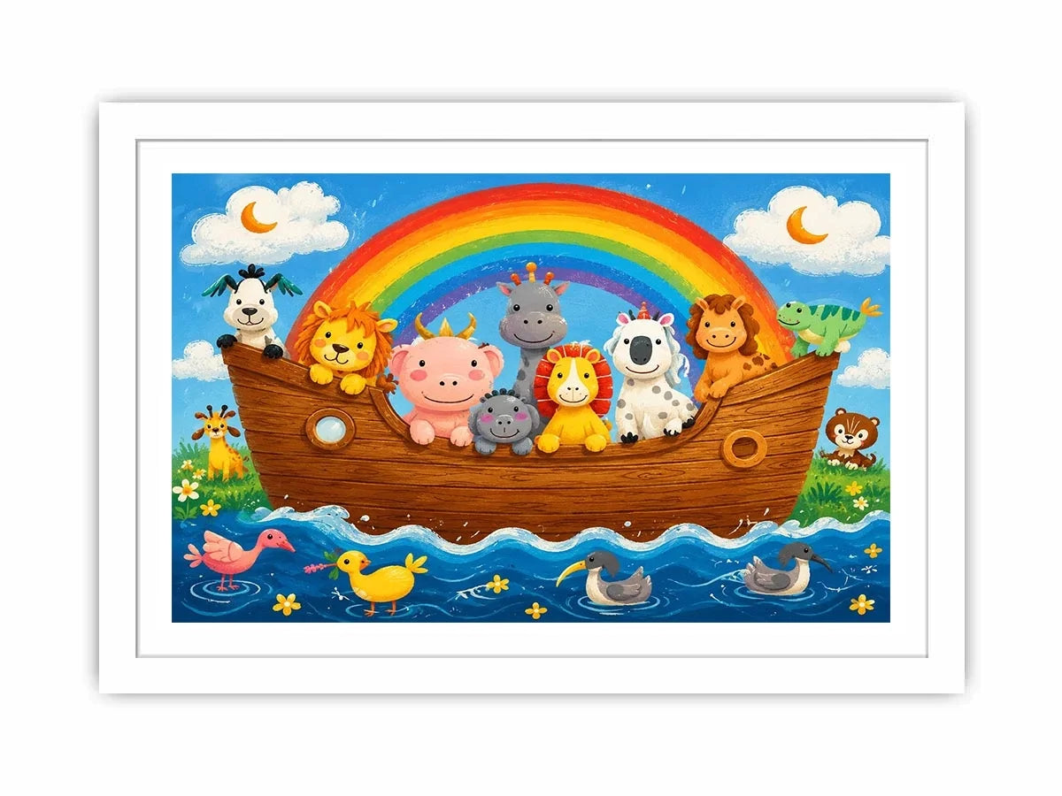 Cute rainbow animal ark nursery wall art with playful safari animals and colorful storybook style