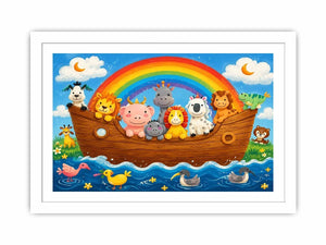 Cute rainbow animal ark nursery wall art with playful safari animals and colorful storybook style