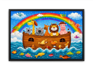 Cute rainbow safari animal nursery wall art with playful ark boat and colorful storybook illustration