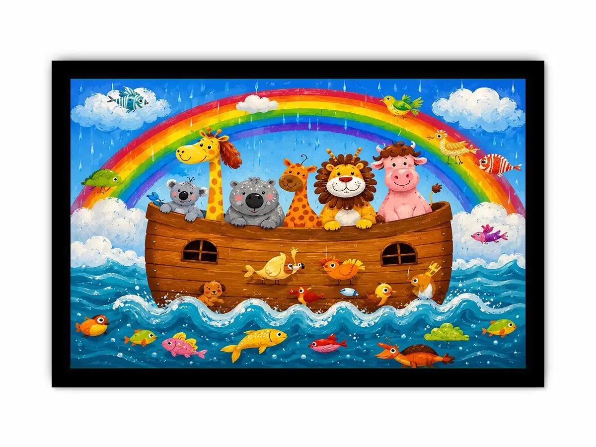 Cute rainbow safari animal nursery wall art with playful ark boat and colorful storybook illustration