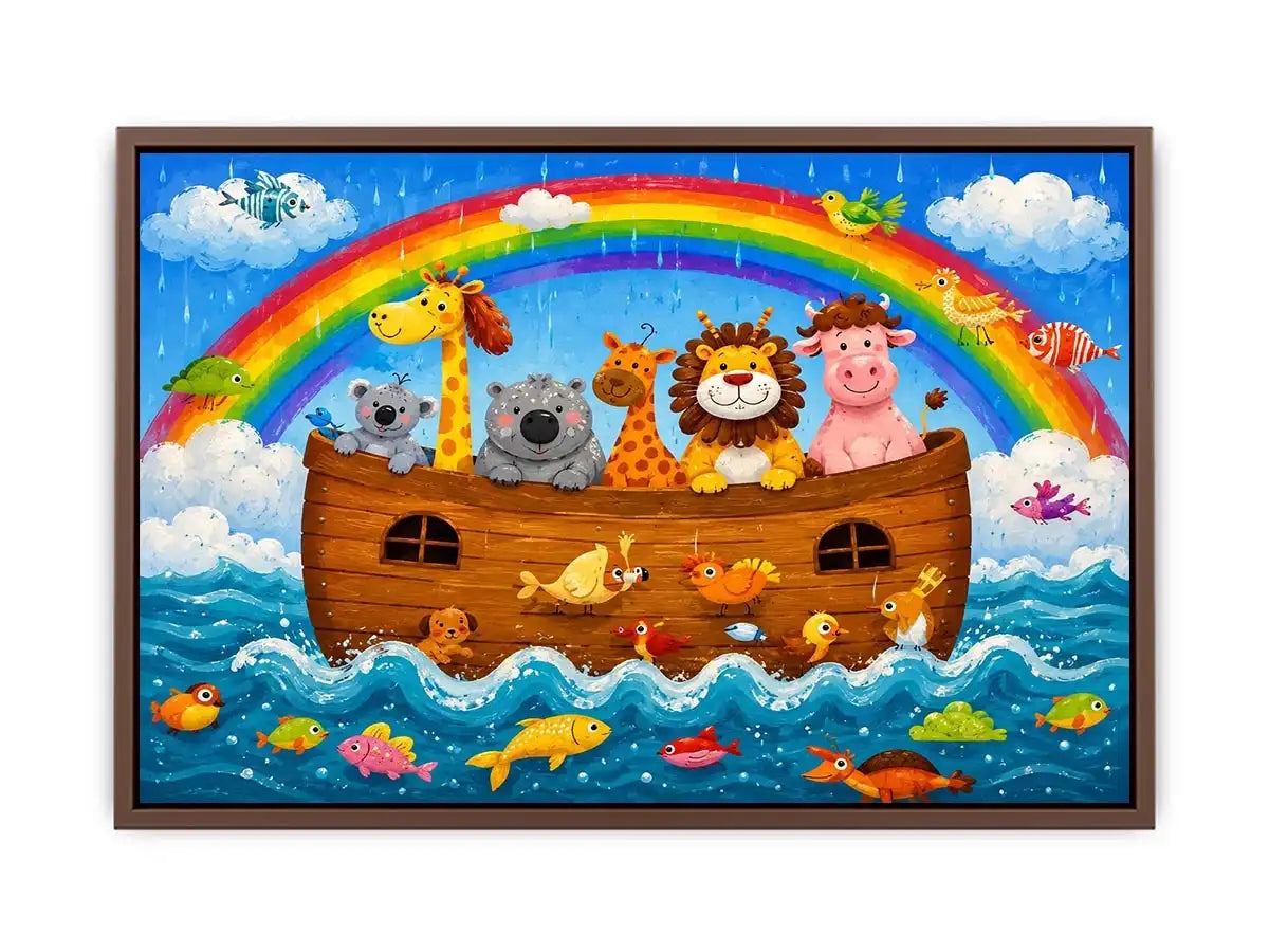 Cute rainbow safari animal nursery wall art with playful ark boat and colorful storybook illustration