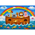 Cute rainbow safari animal nursery wall art with playful ark boat and colorful storybook illustration