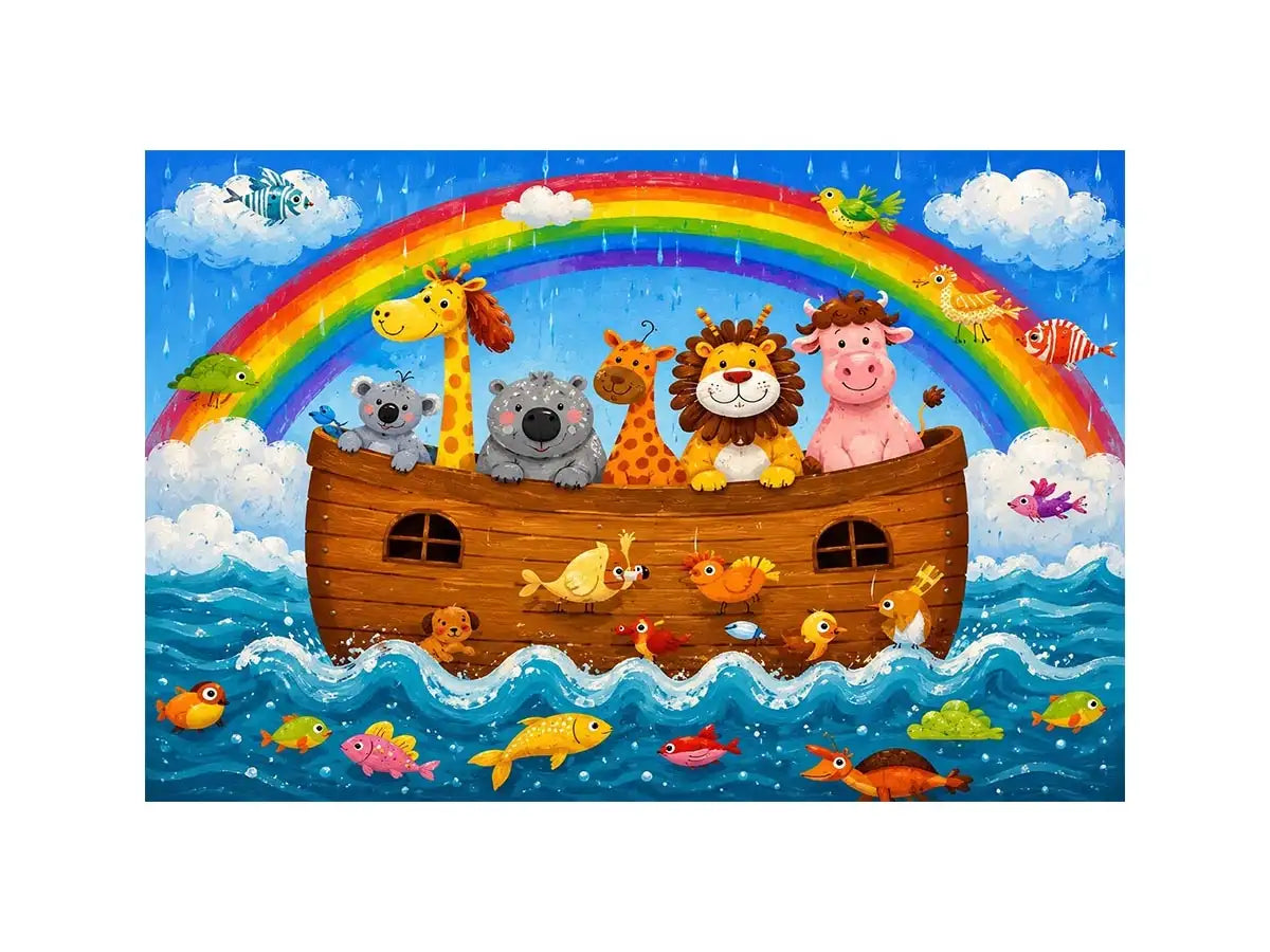 Cute rainbow safari animal nursery wall art with playful ark boat and colorful storybook illustration