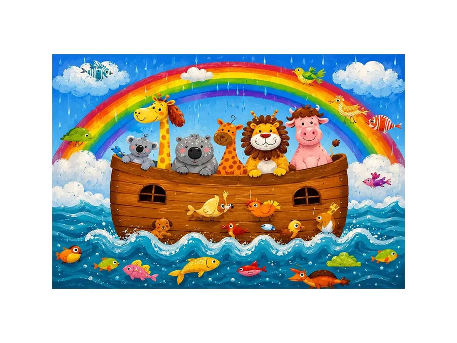 Cute rainbow safari animal nursery wall art with playful ark boat and colorful storybook illustration