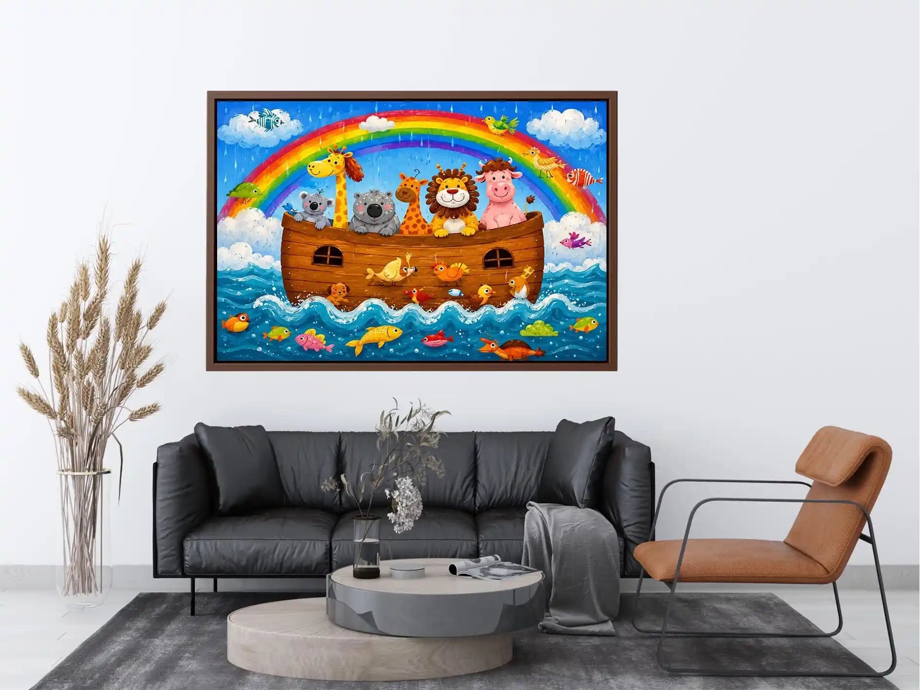 Cute rainbow safari animal nursery wall art with playful ark boat and colorful storybook illustration