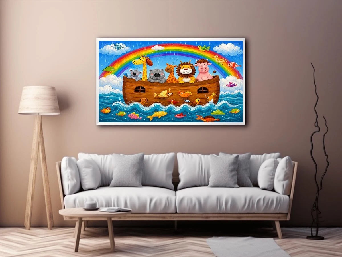 Cute rainbow safari animal nursery wall art with playful ark boat and colorful storybook illustration