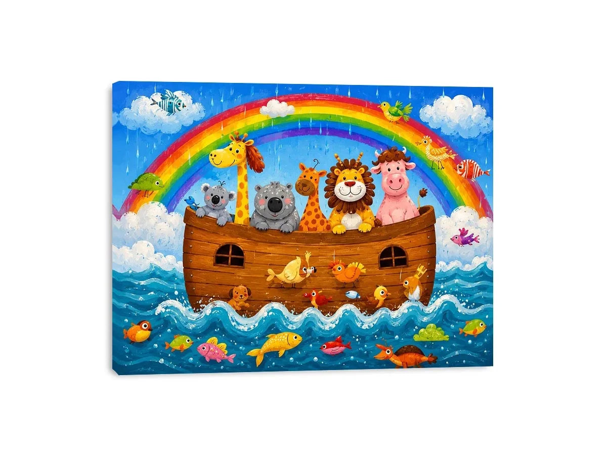 Cute rainbow safari animal nursery wall art with playful ark boat and colorful storybook illustration