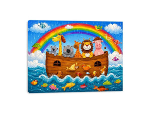 Cute rainbow safari animal nursery wall art with playful ark boat and colorful storybook illustration