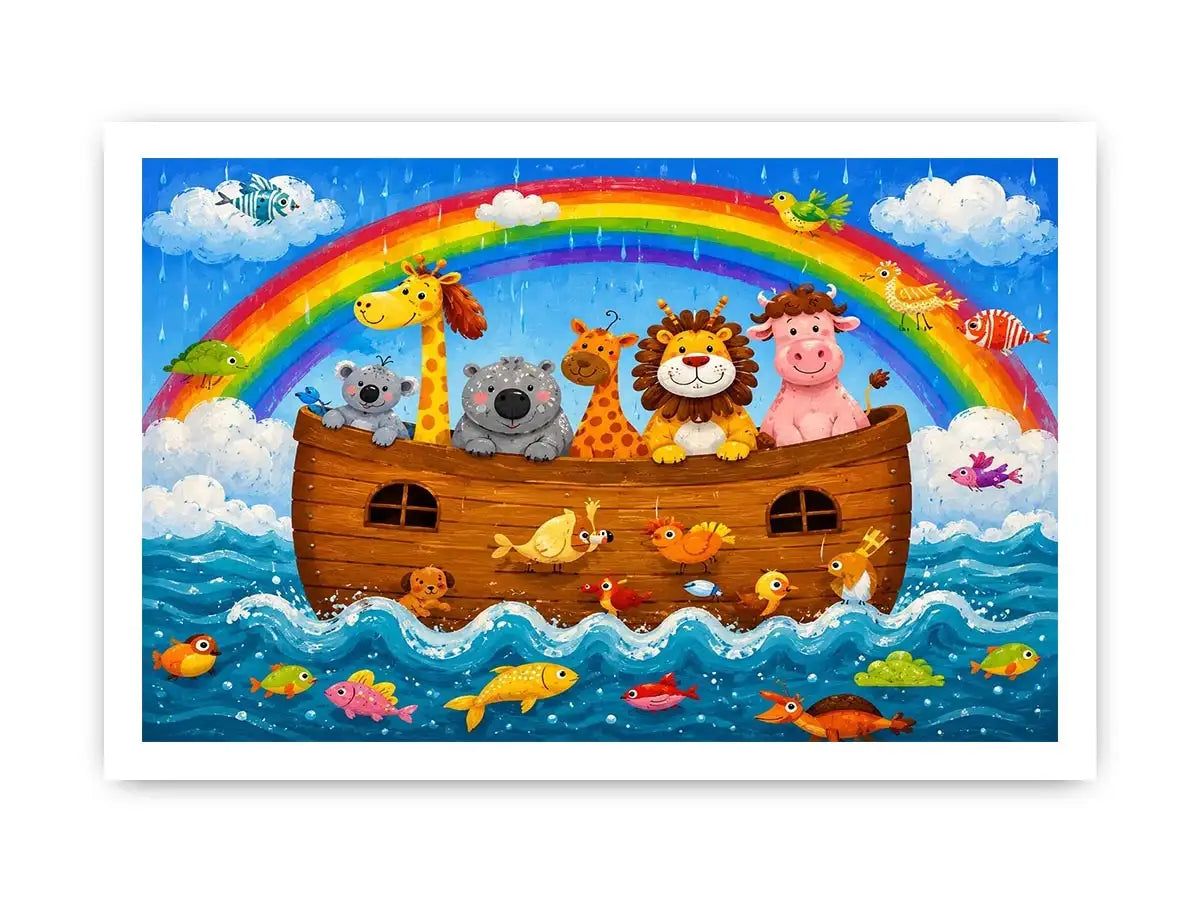 Cute rainbow safari animal nursery wall art with playful ark boat and colorful storybook illustration