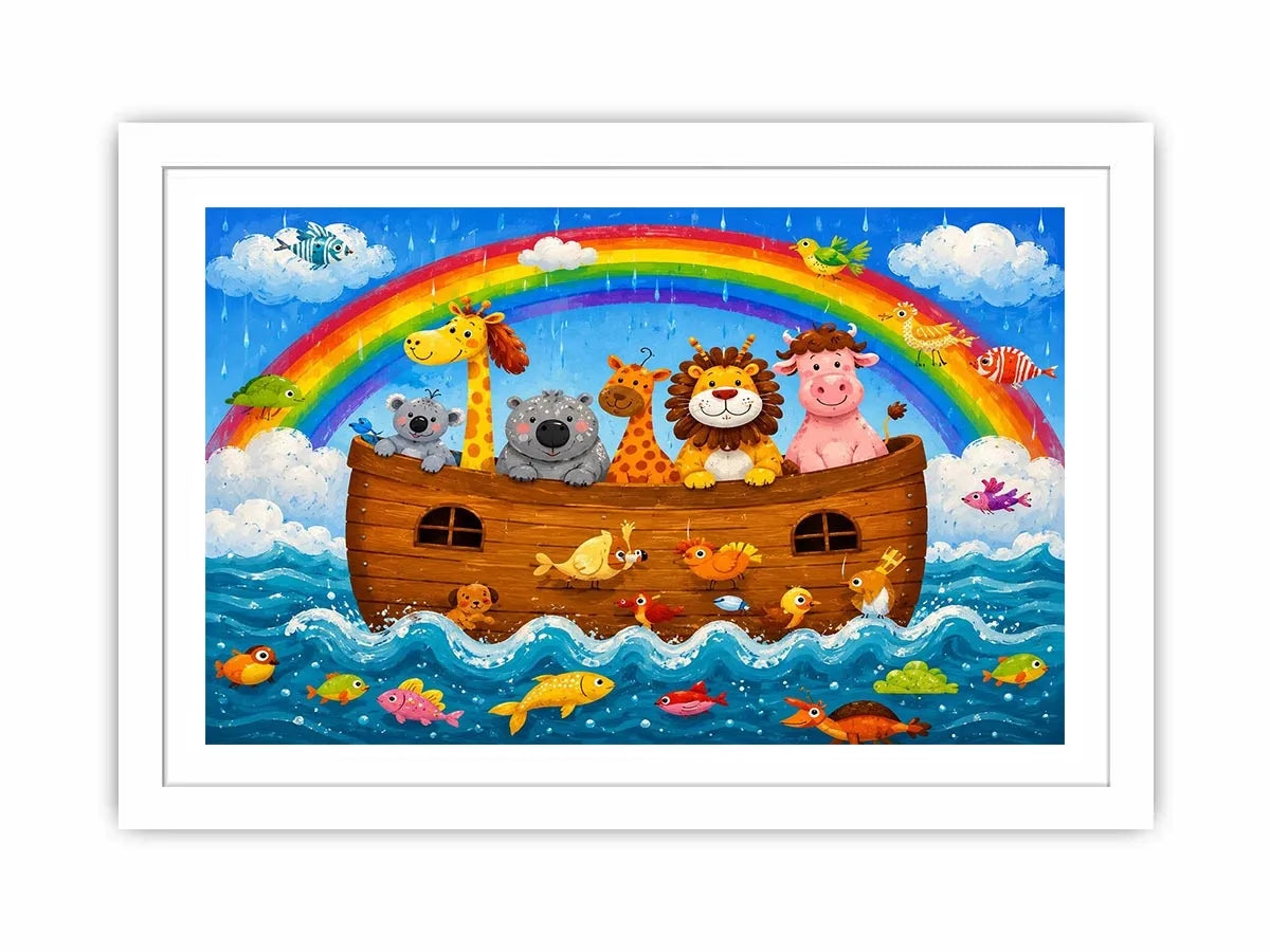 Cute rainbow safari animal nursery wall art with playful ark boat and colorful storybook illustration