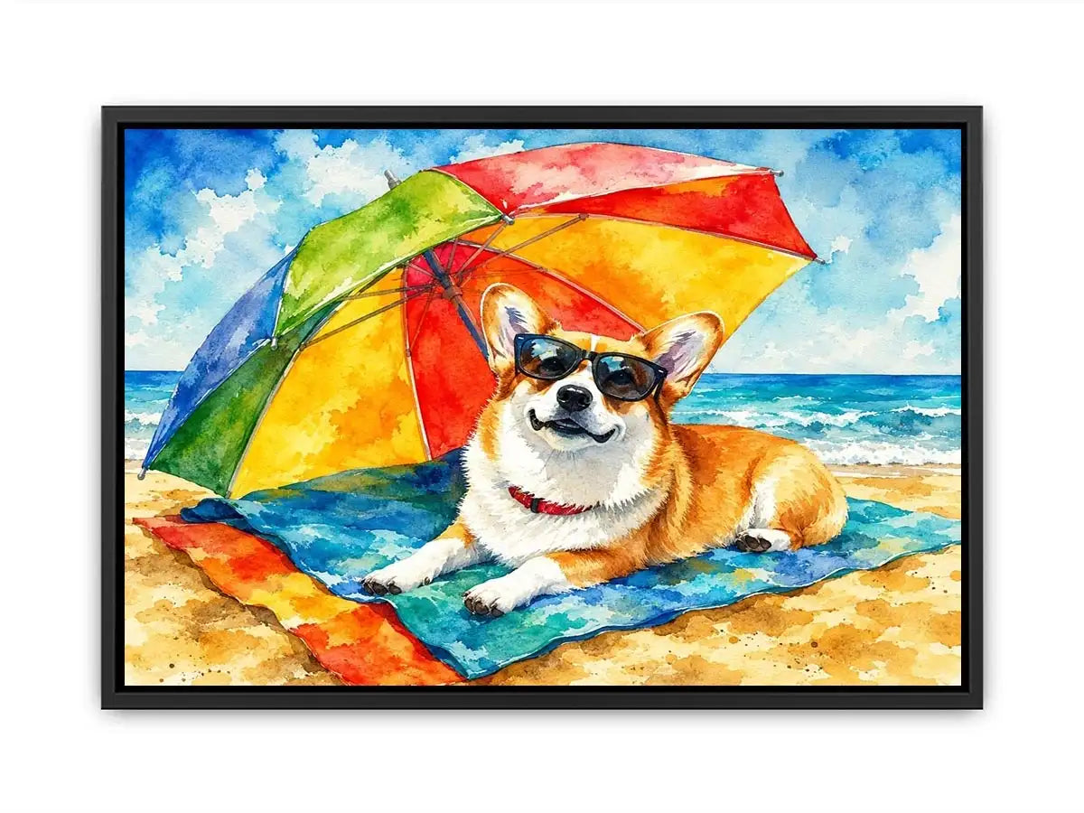 Cute corgi relaxing on the beach under a rainbow umbrella in colorful watercolor style