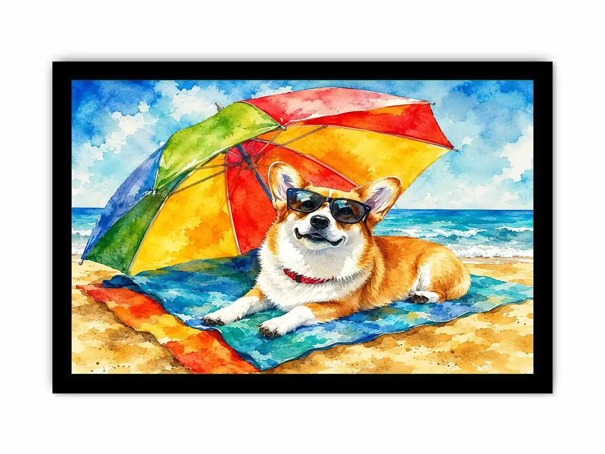 Cute corgi relaxing on the beach under a rainbow umbrella in colorful watercolor style