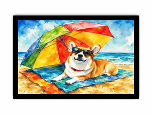 Cute corgi relaxing on the beach under a rainbow umbrella in colorful watercolor style