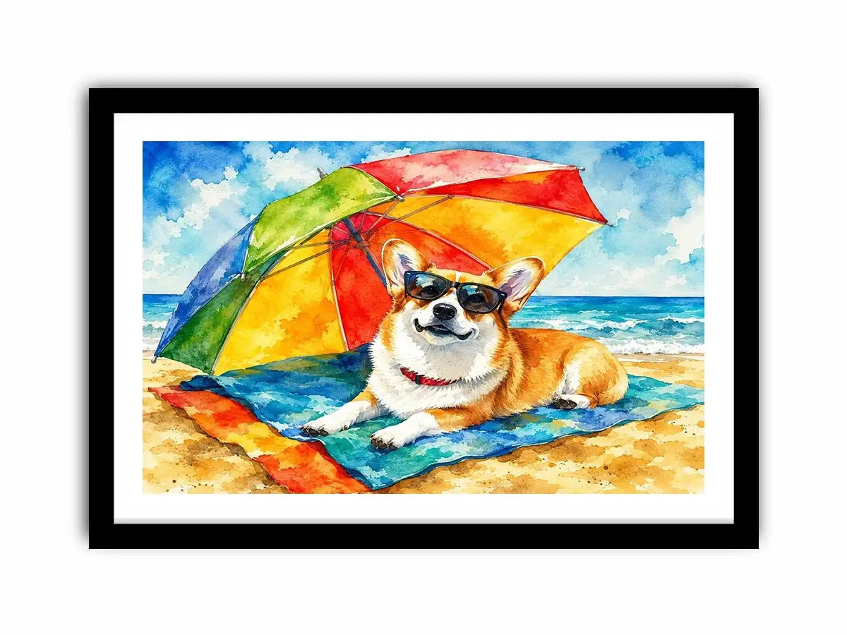 Cute corgi relaxing on the beach under a rainbow umbrella in colorful watercolor style