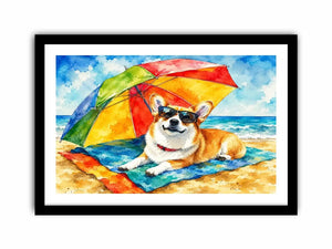 Cute corgi relaxing on the beach under a rainbow umbrella in colorful watercolor style