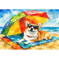 Cute corgi relaxing on the beach under a rainbow umbrella in colorful watercolor style