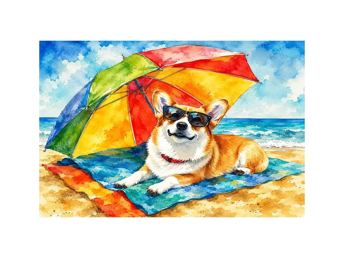 Cute corgi relaxing on the beach under a rainbow umbrella in colorful watercolor style