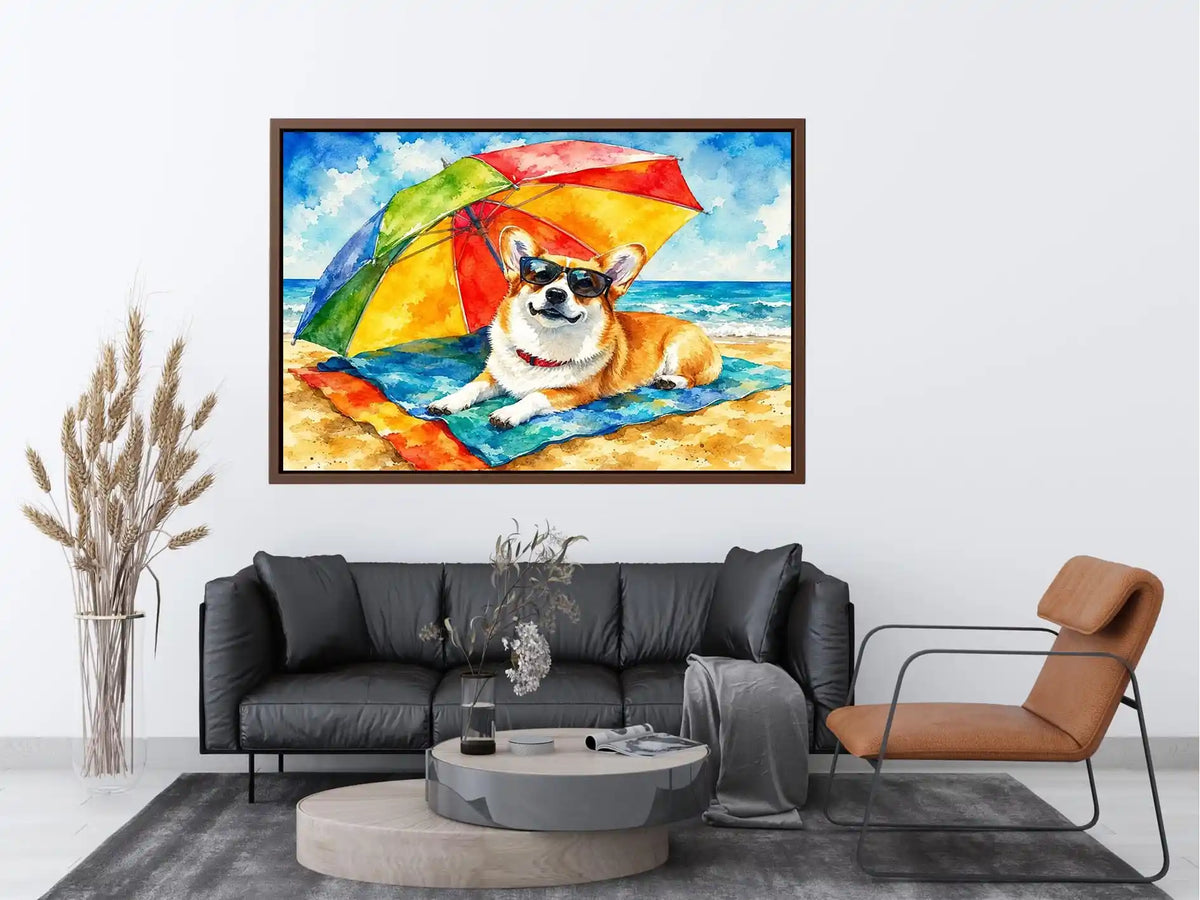 Cute corgi relaxing on the beach under a rainbow umbrella in colorful watercolor style
