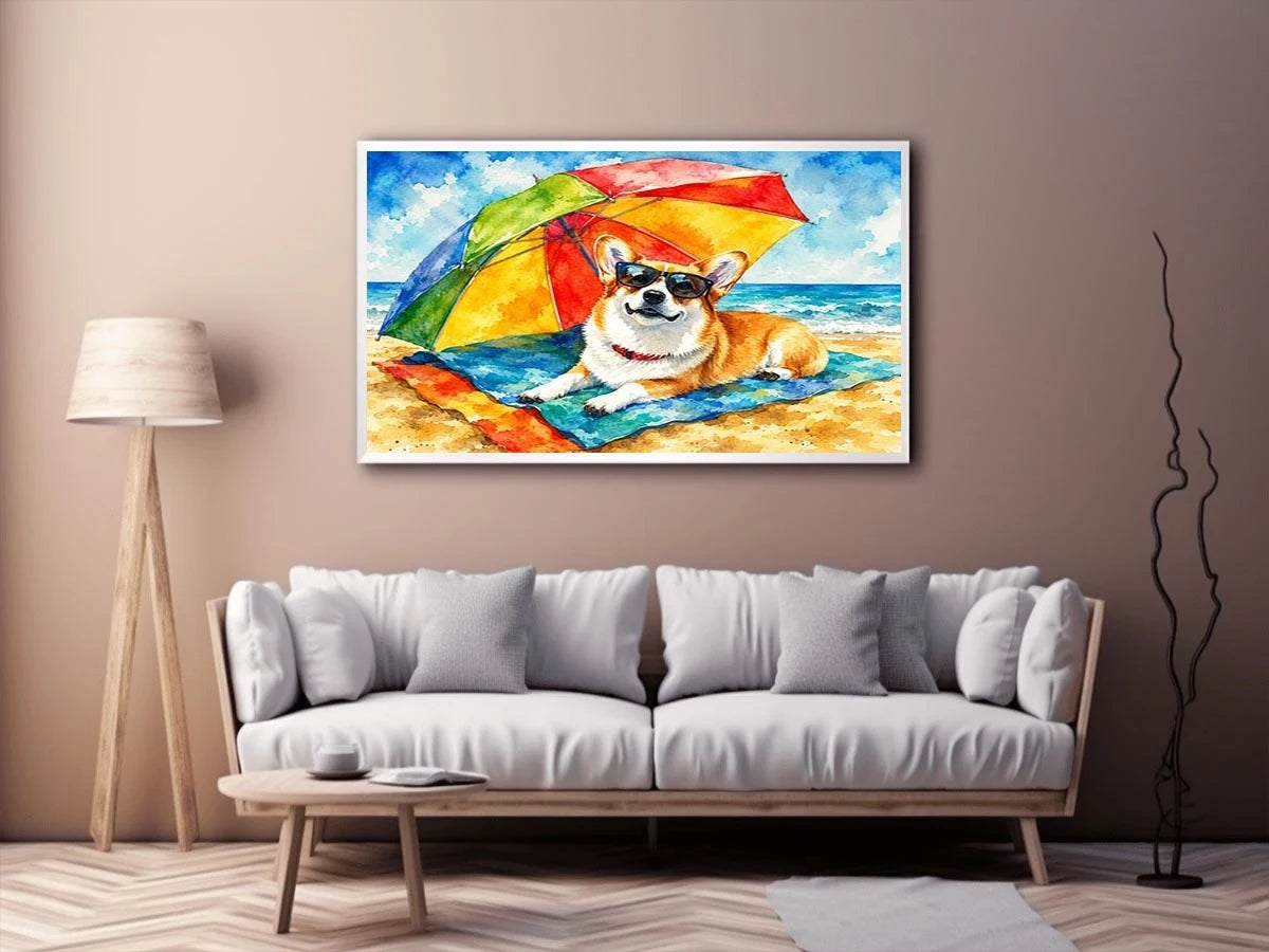 Cute corgi relaxing on the beach under a rainbow umbrella in colorful watercolor style