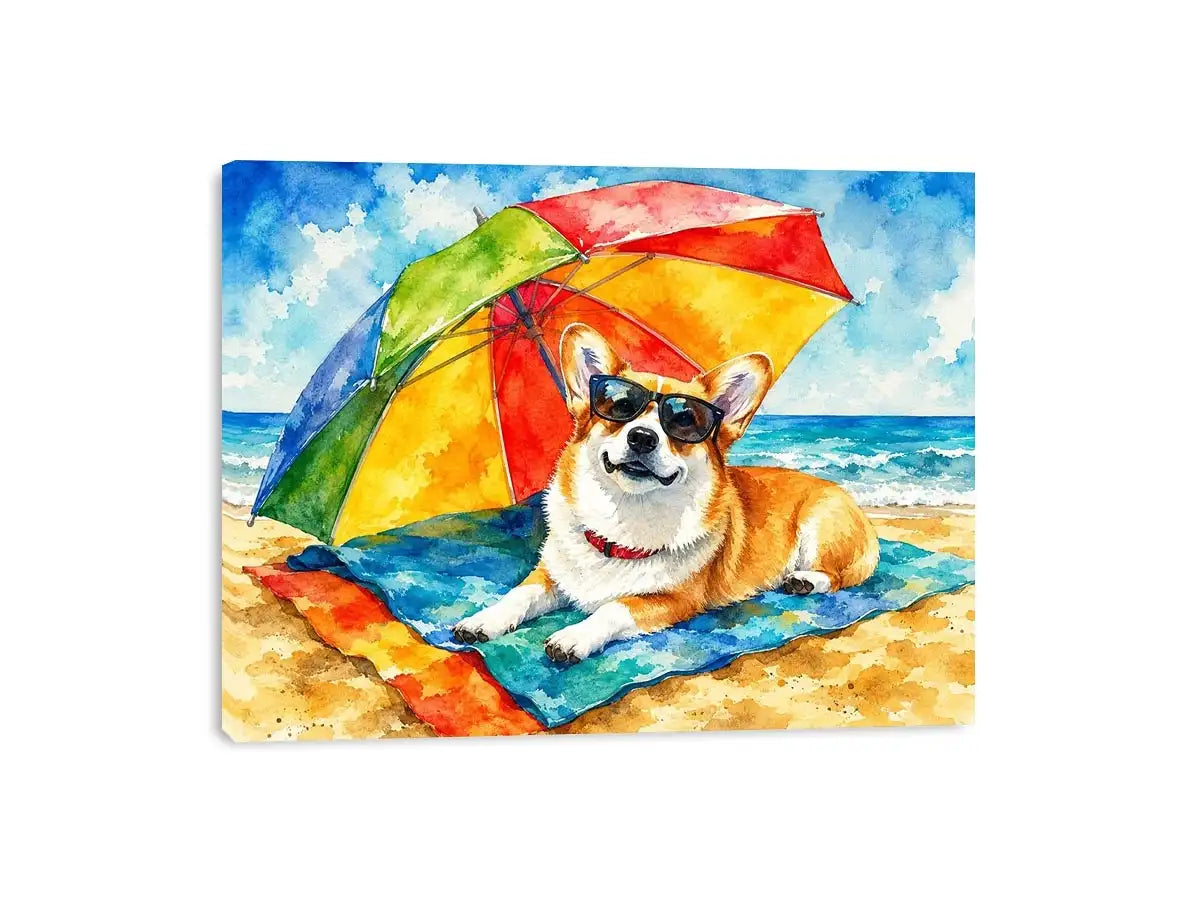 Cute corgi relaxing on the beach under a rainbow umbrella in colorful watercolor style