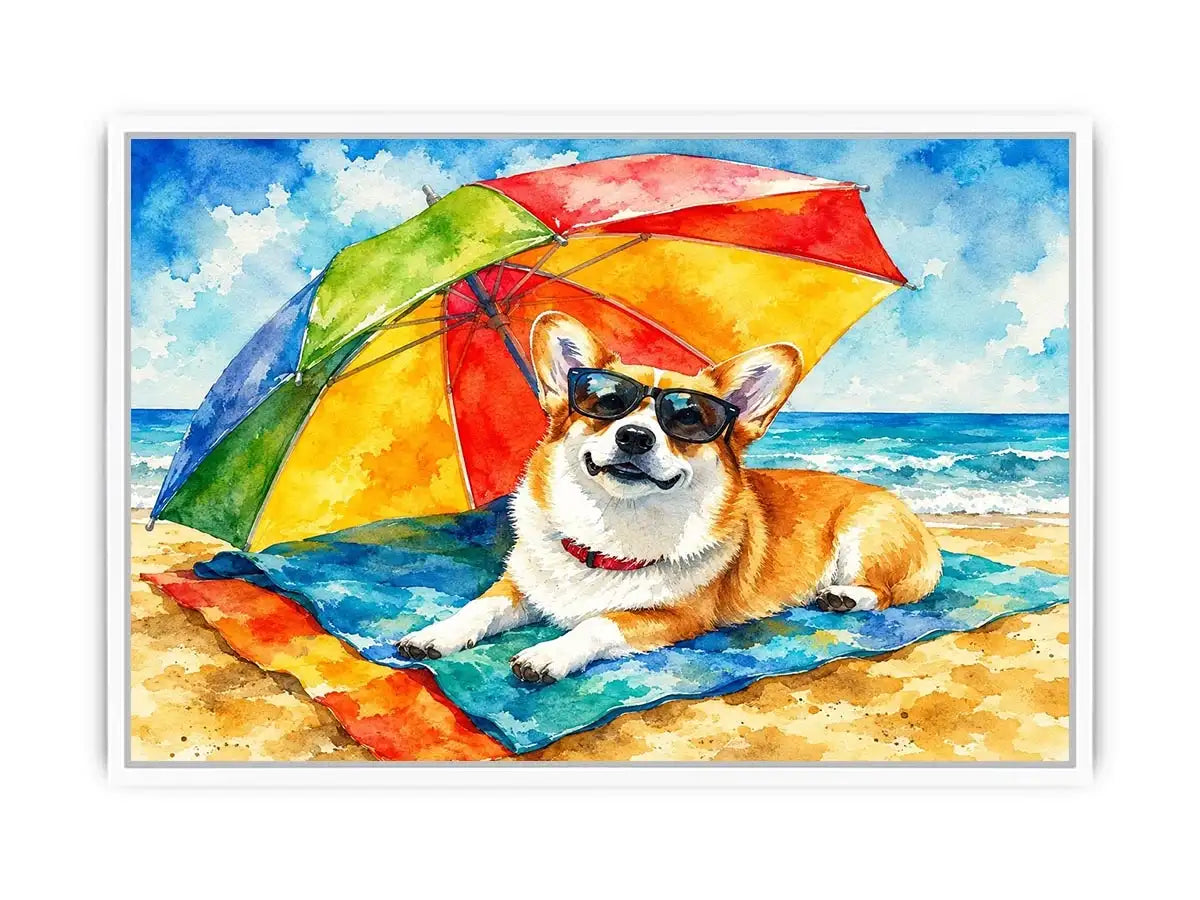 Cute corgi relaxing on the beach under a rainbow umbrella in colorful watercolor style