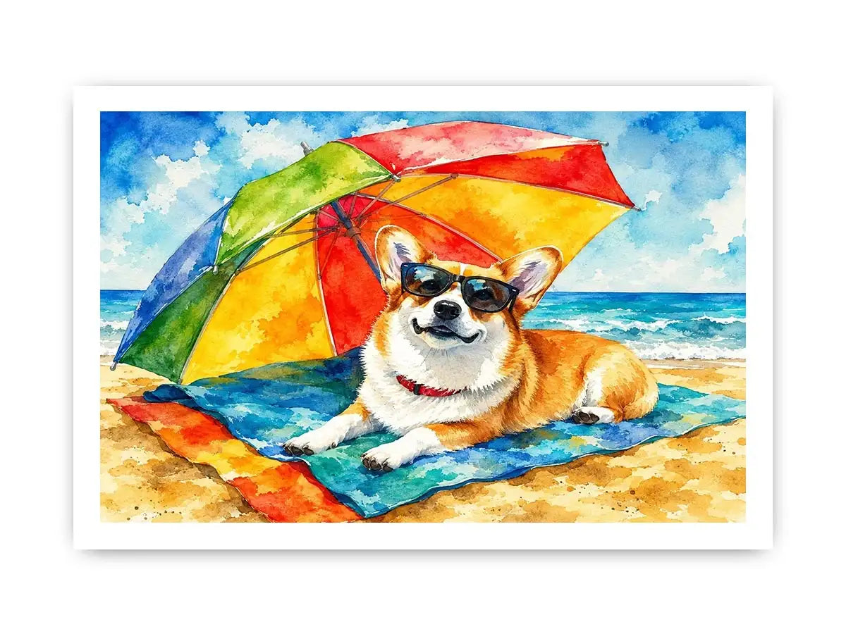Cute corgi relaxing on the beach under a rainbow umbrella in colorful watercolor style