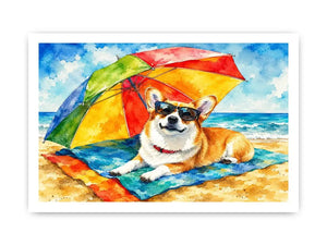 Cute corgi relaxing on the beach under a rainbow umbrella in colorful watercolor style