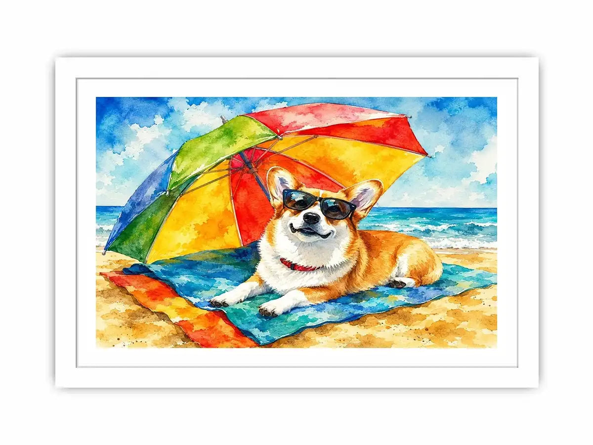 Cute corgi relaxing on the beach under a rainbow umbrella in colorful watercolor style