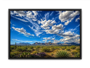 Southwestern desert landscape wall art with dramatic blue sky, mountains, and cactus scenery