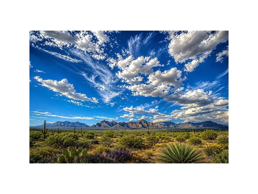 Southwestern desert landscape wall art with dramatic blue sky, mountains, and cactus scenery