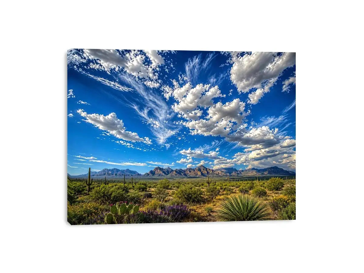 Southwestern desert landscape wall art with dramatic blue sky, mountains, and cactus scenery