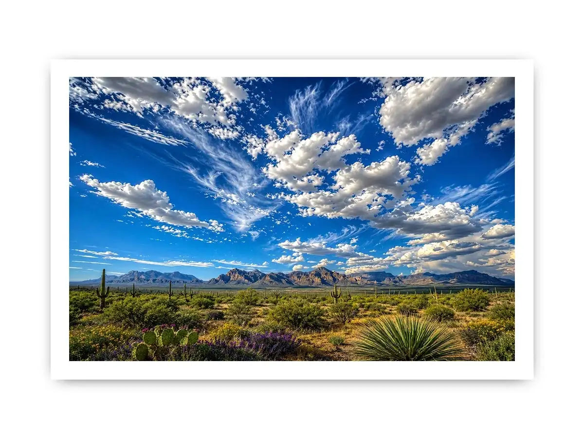 Southwestern desert landscape wall art with dramatic blue sky, mountains, and cactus scenery