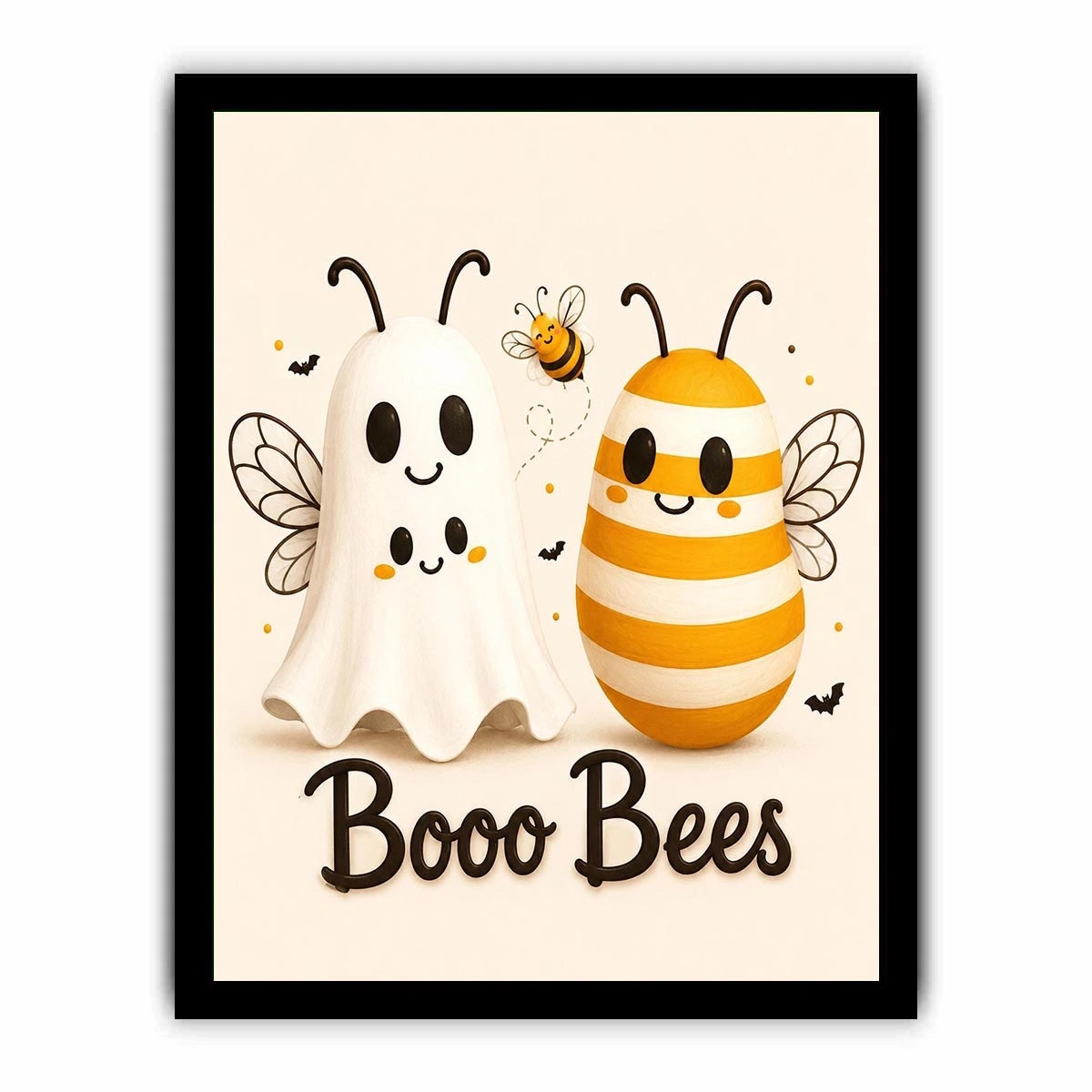 Cute ghost and bee nursery wall art with playful minimalist illustration and soft neutral colors