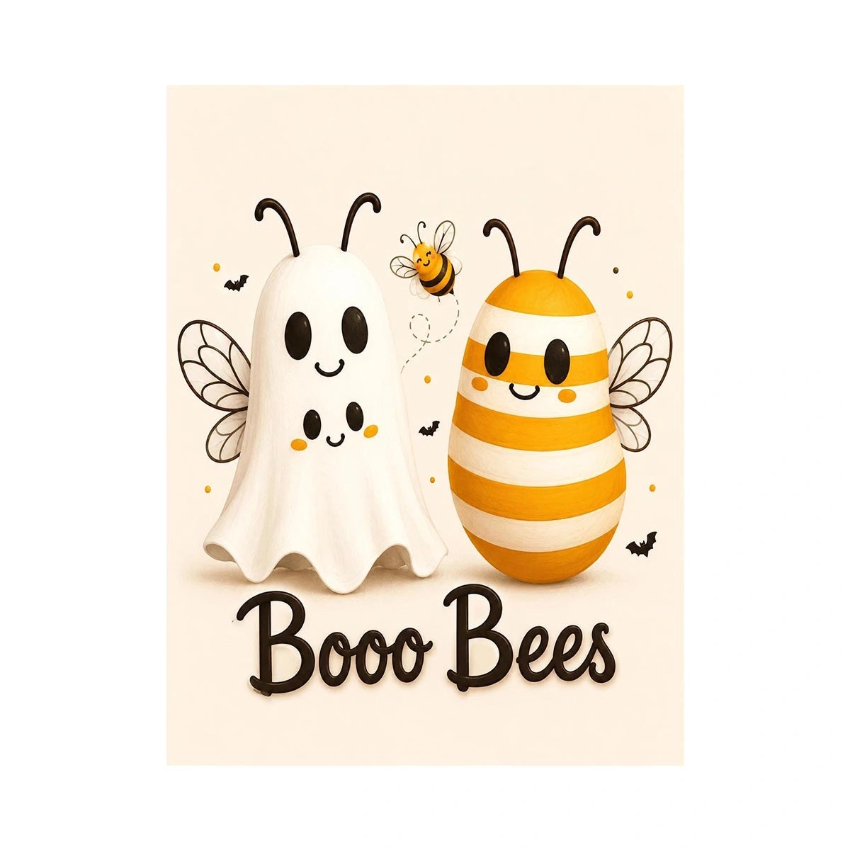 Cute ghost and bee nursery wall art with playful minimalist illustration and soft neutral colors