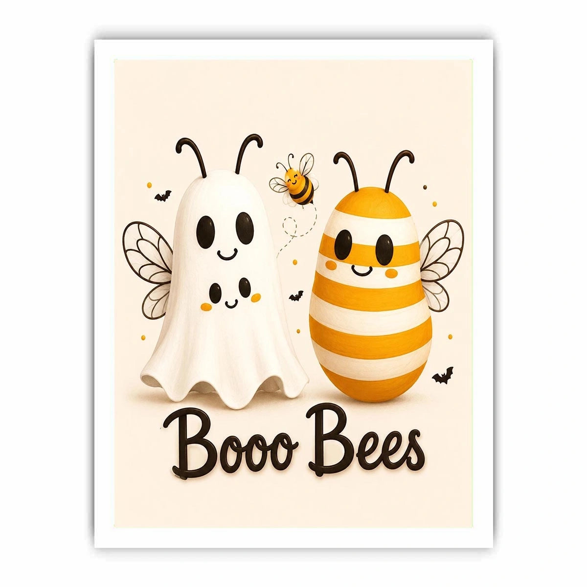 Cute ghost and bee nursery wall art with playful minimalist illustration and soft neutral colors