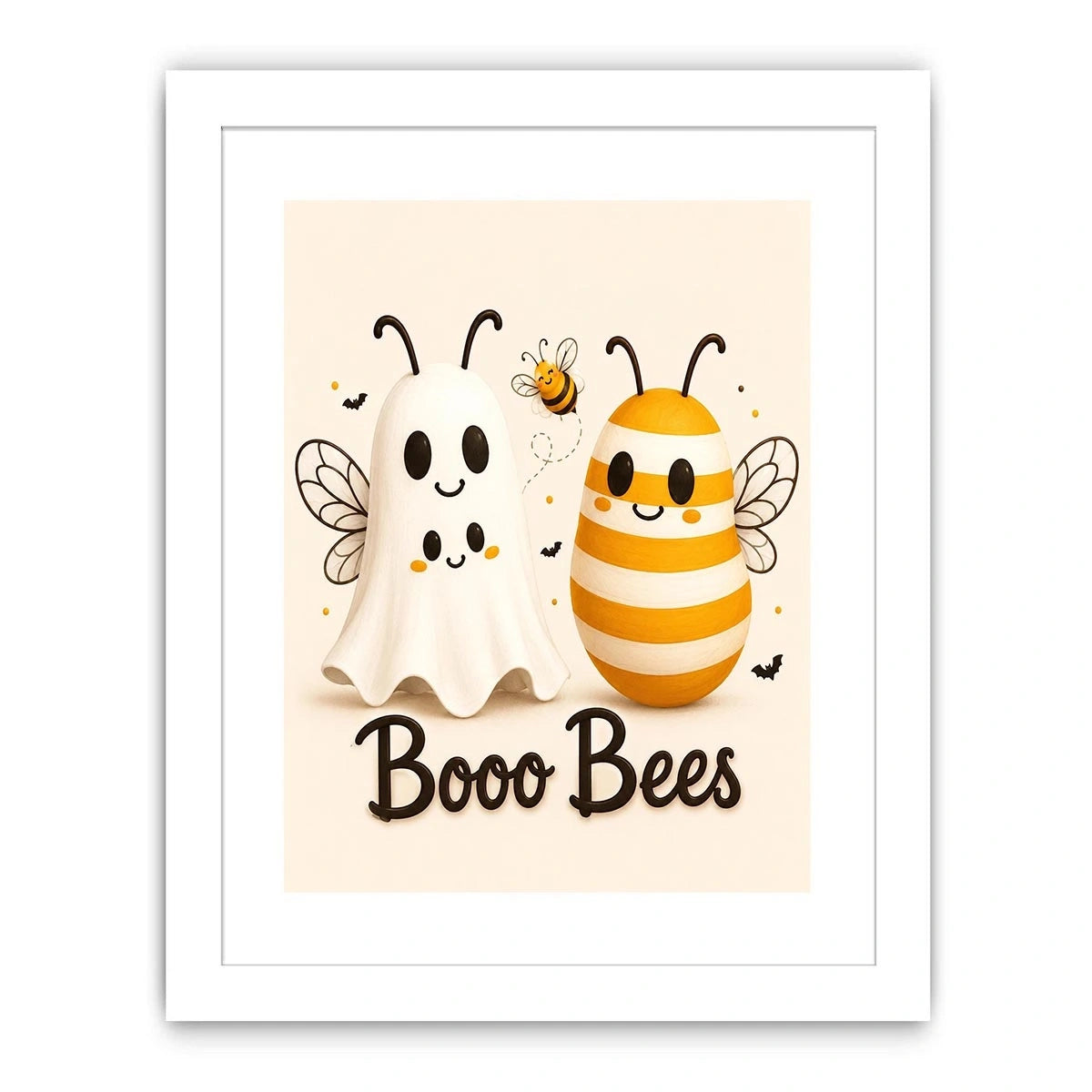 Cute ghost and bee nursery wall art with playful minimalist illustration and soft neutral colors
