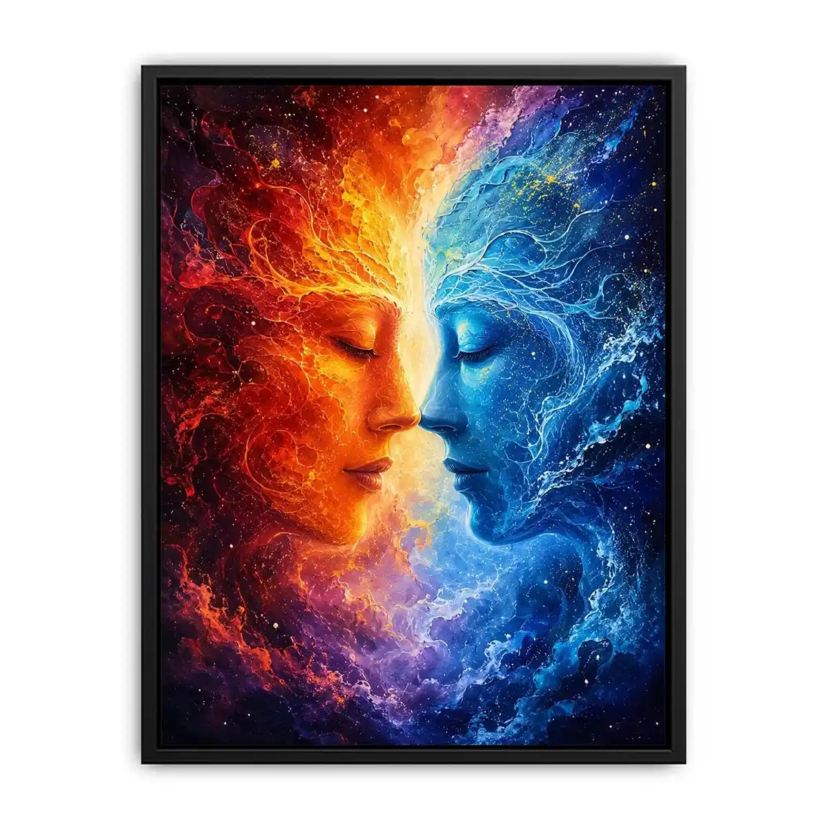 Cosmic abstract portrait wall art featuring fiery orange and blue celestial faces in a galaxy composition
