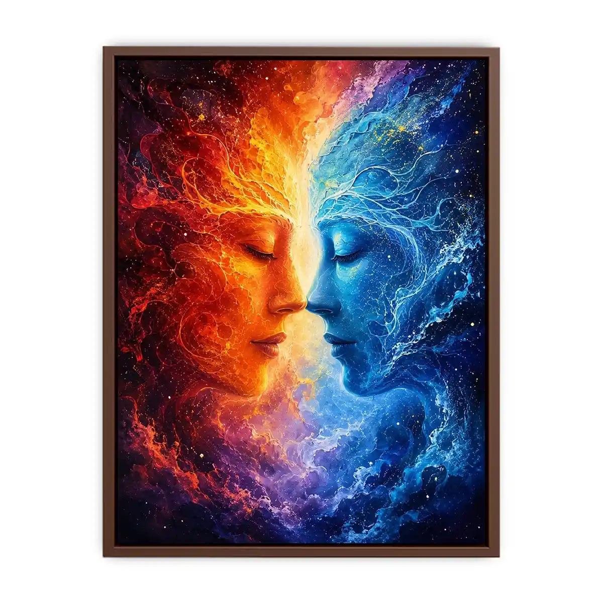 Cosmic abstract portrait wall art featuring fiery orange and blue celestial faces in a galaxy composition