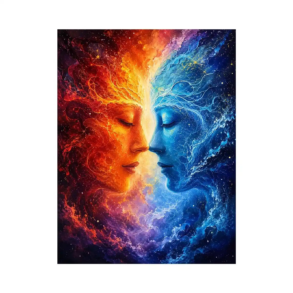 Cosmic abstract portrait wall art featuring fiery orange and blue celestial faces in a galaxy composition