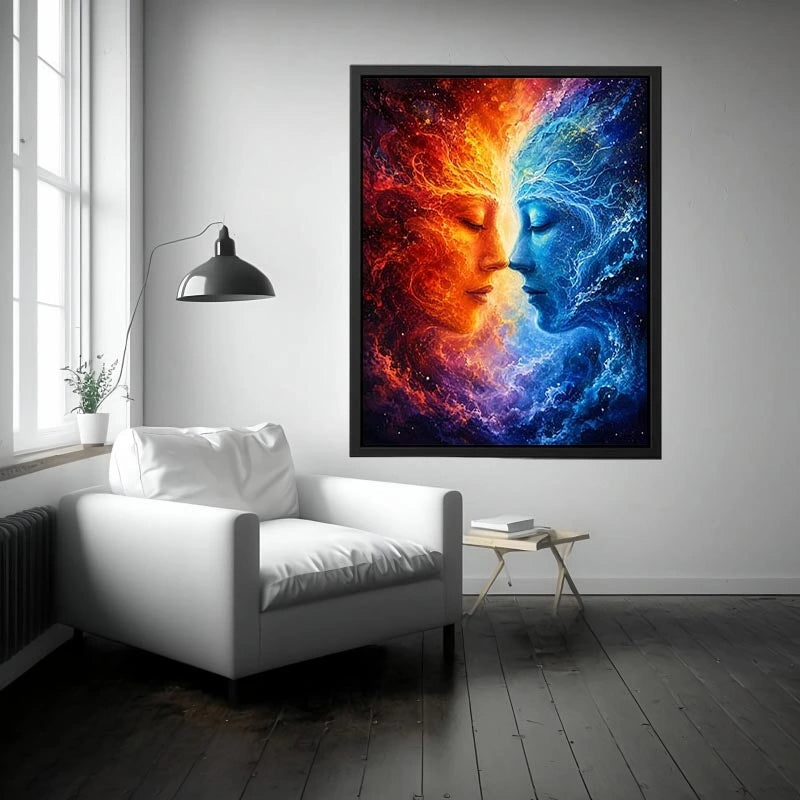 Cosmic abstract portrait wall art featuring fiery orange and blue celestial faces in a galaxy composition