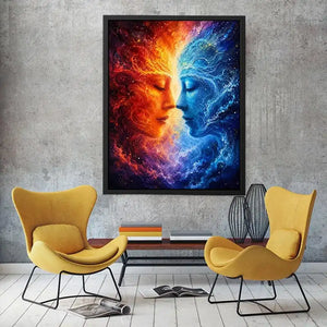 Cosmic abstract portrait wall art featuring fiery orange and blue celestial faces in a galaxy composition