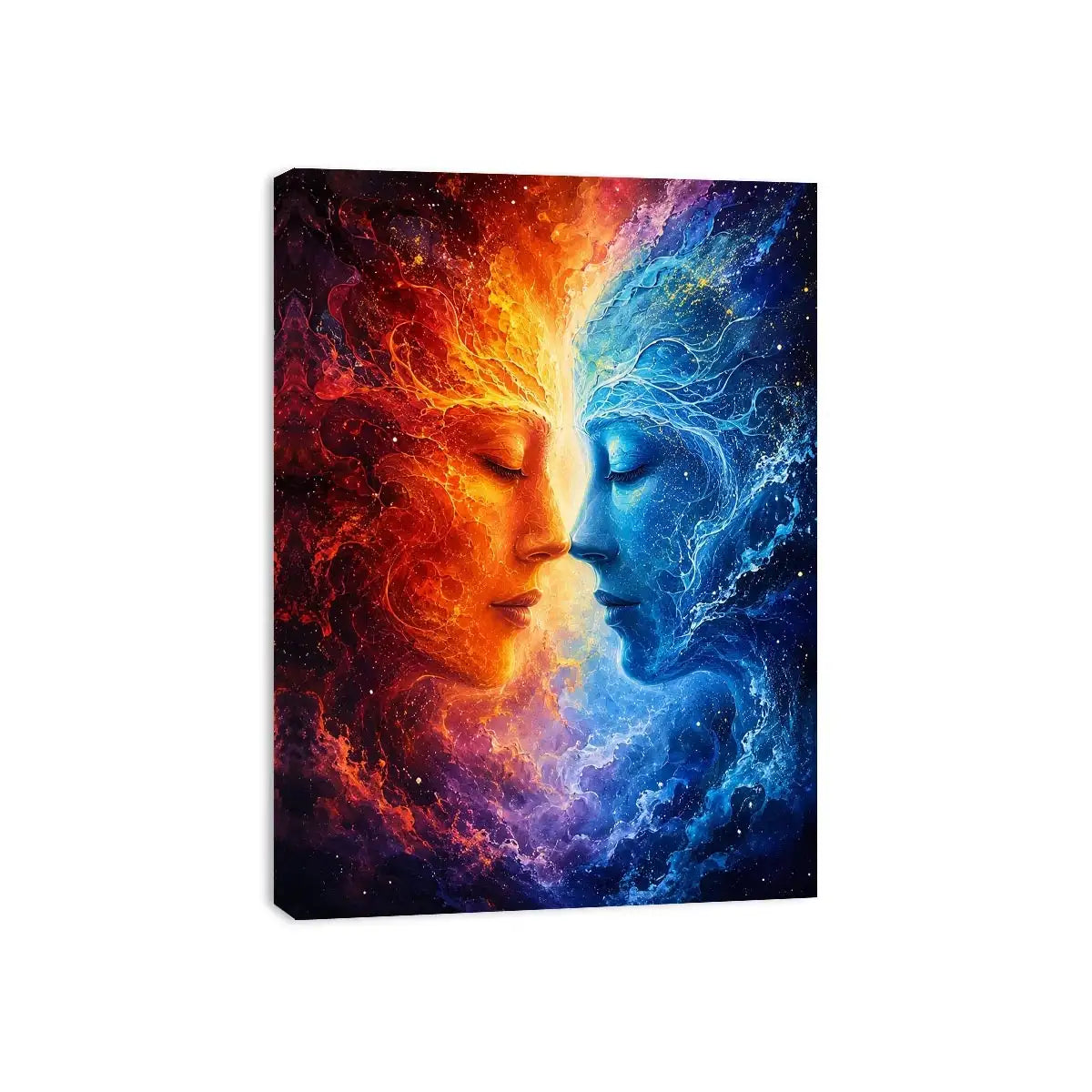 Cosmic abstract portrait wall art featuring fiery orange and blue celestial faces in a galaxy composition