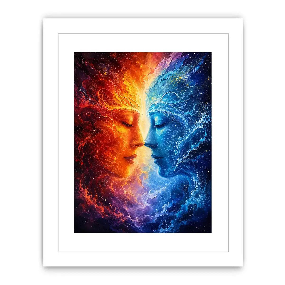 Cosmic abstract portrait wall art featuring fiery orange and blue celestial faces in a galaxy composition