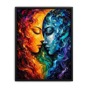 Textured cosmic abstract portrait wall art featuring fiery orange and blue celestial faces with palette knife details