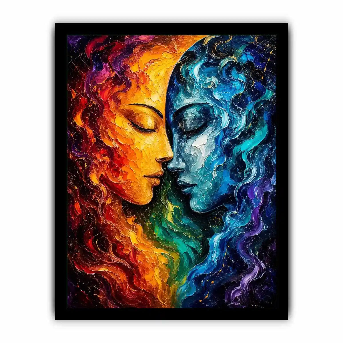 Textured cosmic abstract portrait wall art featuring fiery orange and blue celestial faces with palette knife details