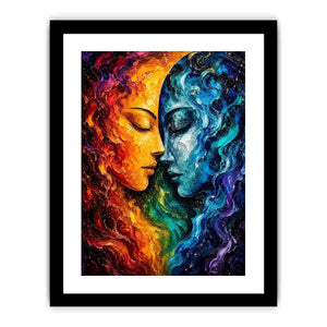Textured cosmic abstract portrait wall art featuring fiery orange and blue celestial faces with palette knife details
