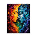 Textured cosmic abstract portrait wall art featuring fiery orange and blue celestial faces with palette knife details