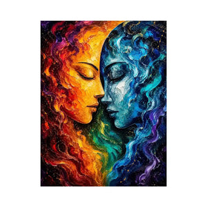Textured cosmic abstract portrait wall art featuring fiery orange and blue celestial faces with palette knife details