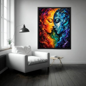Textured cosmic abstract portrait wall art featuring fiery orange and blue celestial faces with palette knife details