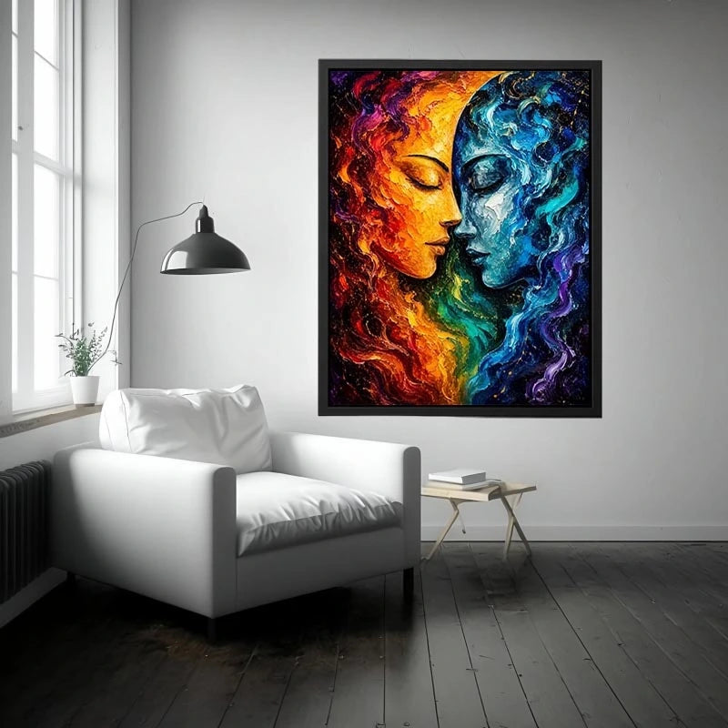 Textured cosmic abstract portrait wall art featuring fiery orange and blue celestial faces with palette knife details